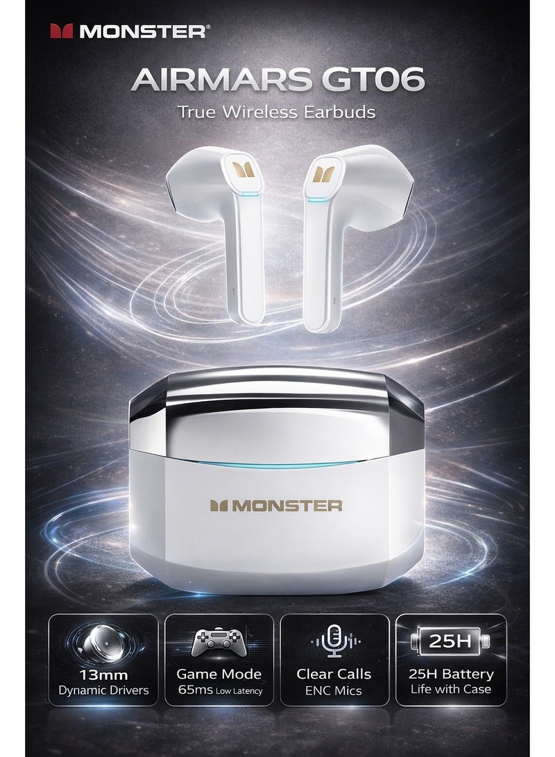 MONSTER AIRMARS GT06 True Wireless Earbuds, Bluetooth 5.1, 13mm Dynamic Drivers, 65ms Low Latency Game Mode, IPX5 Waterproof, Type-C Fast Charging, 25H Playtime - Image 1